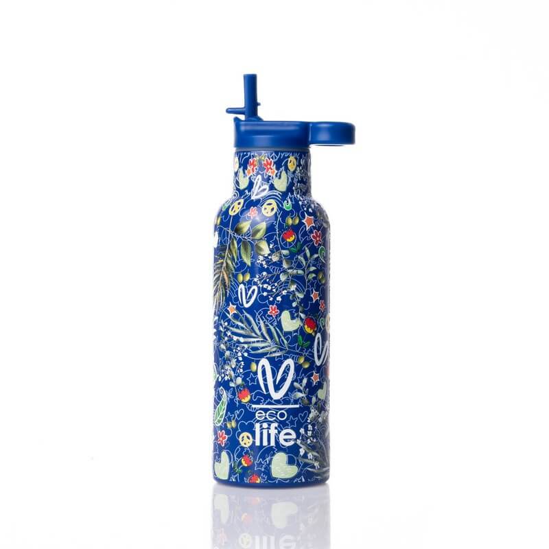Eco life X Vasiliki Ανοξείδωτο παγούρι θερμός με καλαμάκι 500ml Blue