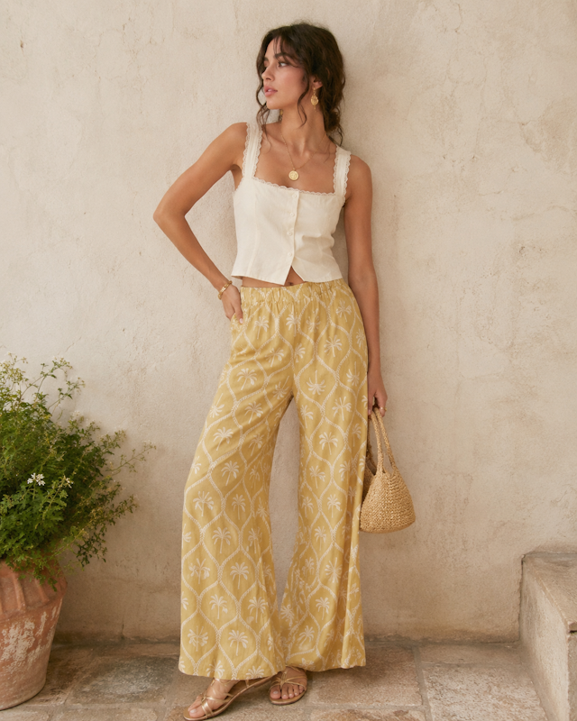 Palm Tree Print Pants in Butter