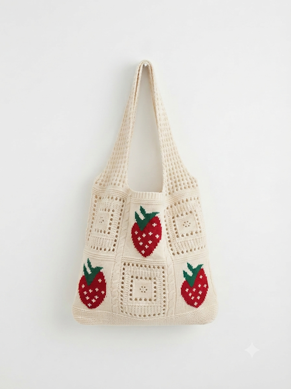 Berry Crochet Tote Bag in Beige