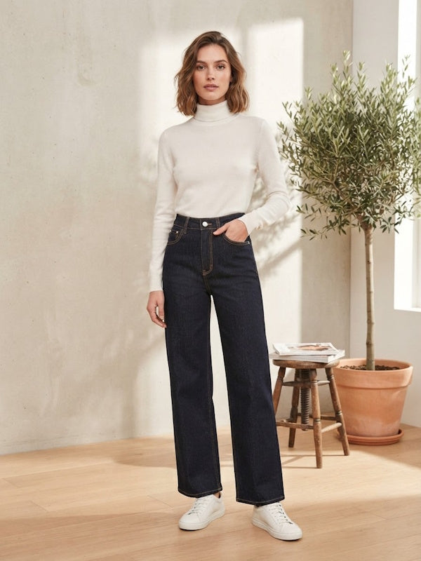 High Waist & Straight Denim in Blue Black