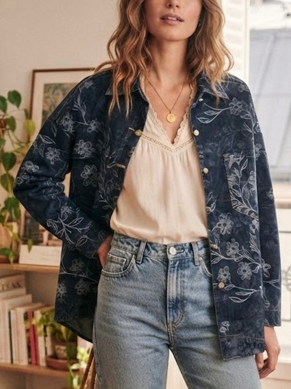 Oversized Denim Jacket Motif Florals