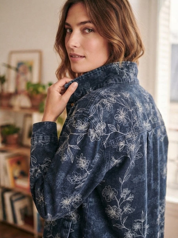 Oversized Denim Jacket Motif Florals