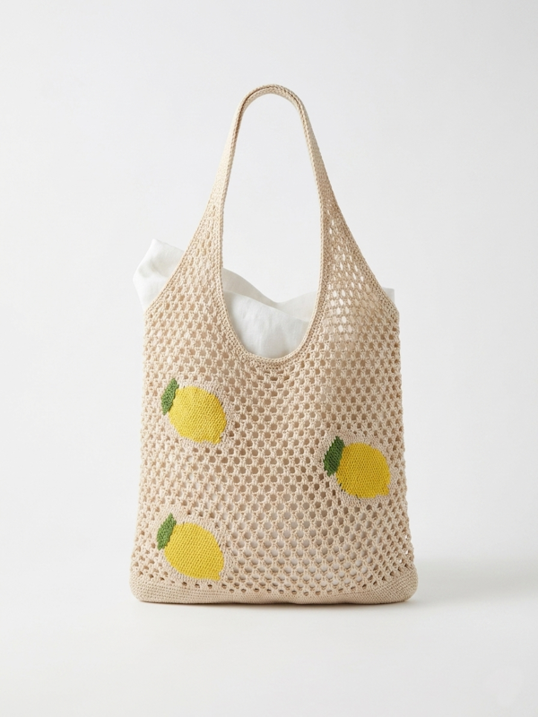 Lemon Crochet Tote Bag in Beige