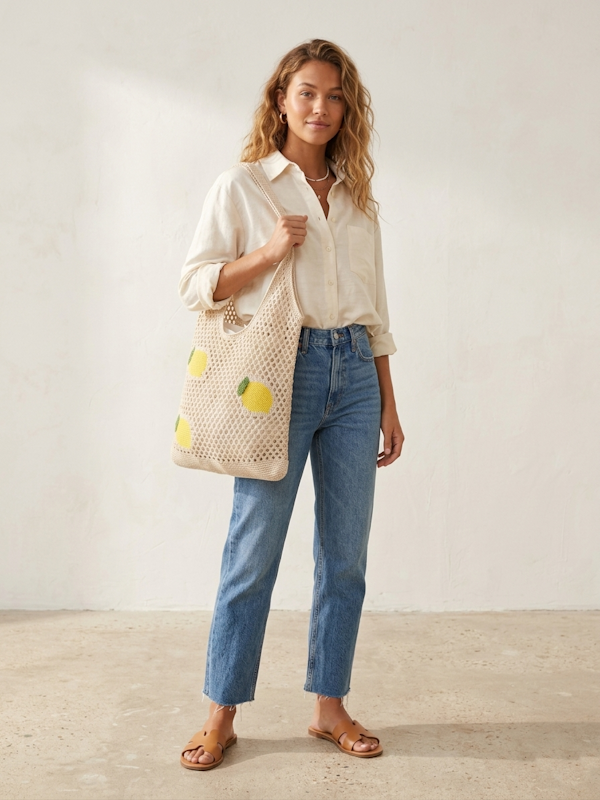 Lemon Crochet Tote Bag in Beige