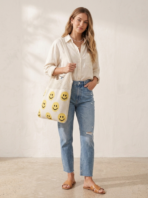 Smiley Crochet Tote Bag in Beige