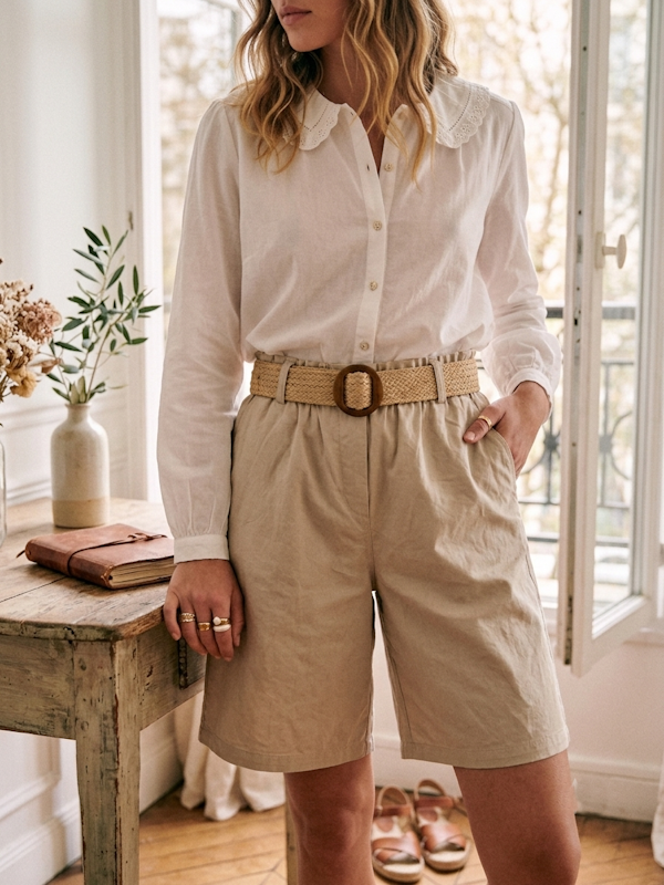 Raffia Belt Shorts in Beige