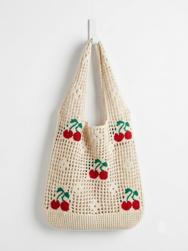 Cherry Crochet Tote Bag in Sand