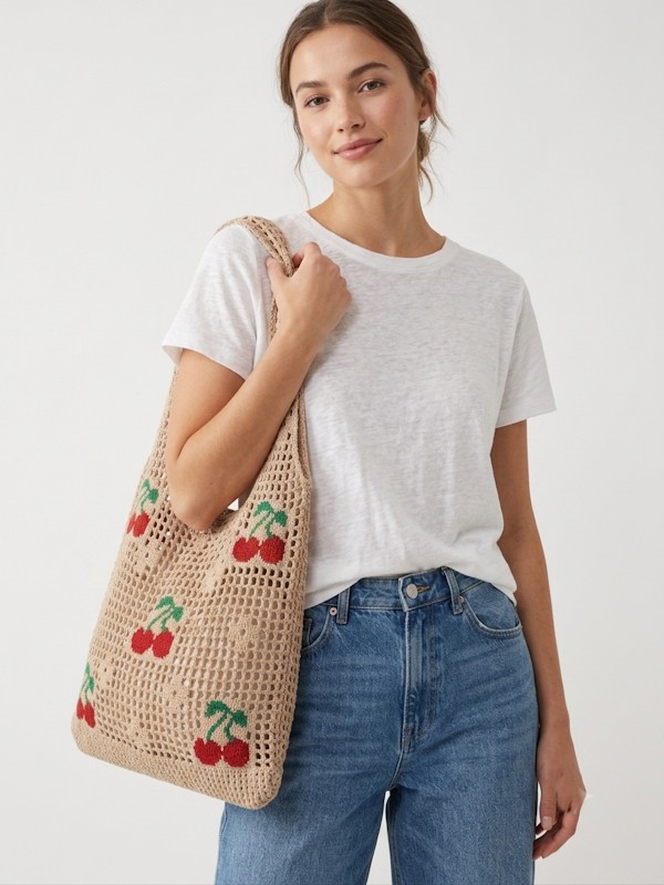 Cherry Crochet Tote Bag in Sand