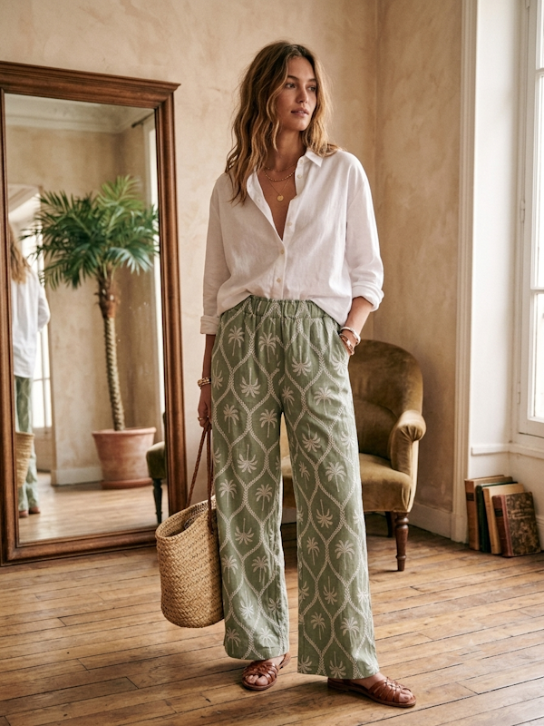 Palm Tree Print Pants in Mint