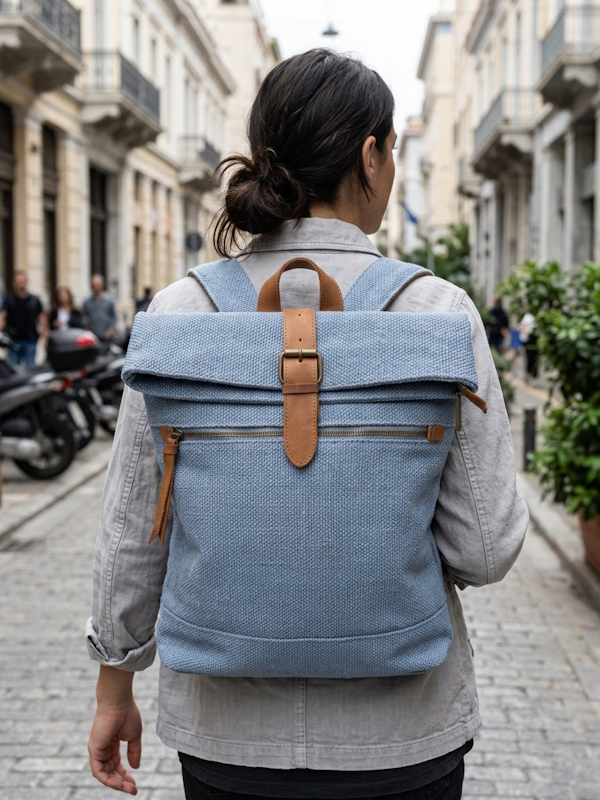 Raffia Backpack in Denim Blue