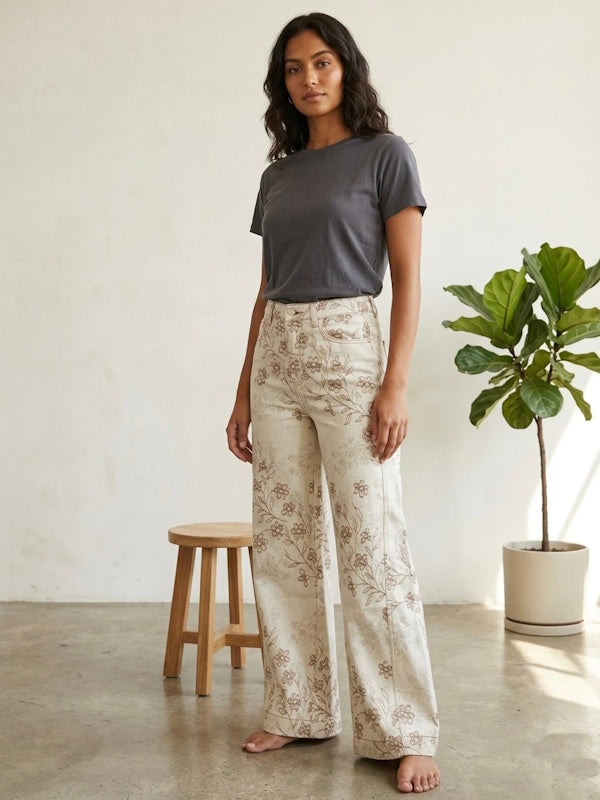 Beige Boho Wide Fit Jeans