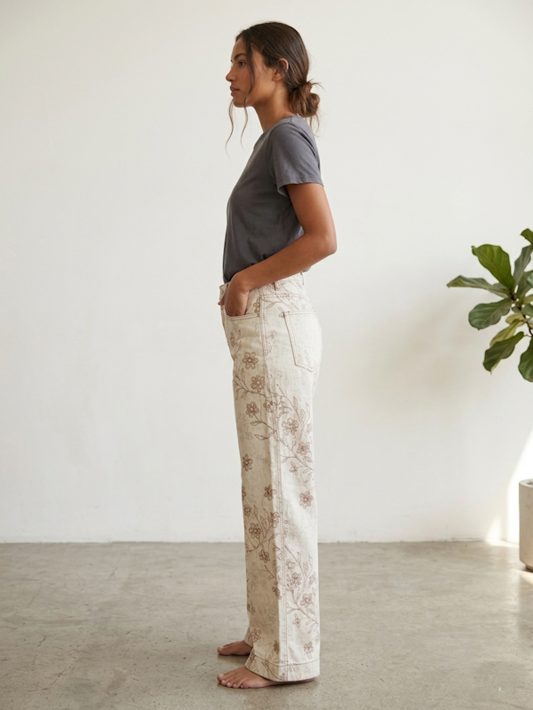 Beige Boho Wide Fit Jeans