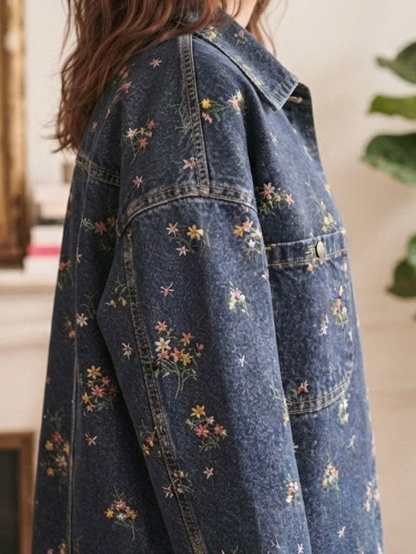 Oversized Denim Jacket Tea Flowers