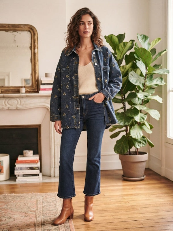 Oversized Denim Jacket Tea Flowers