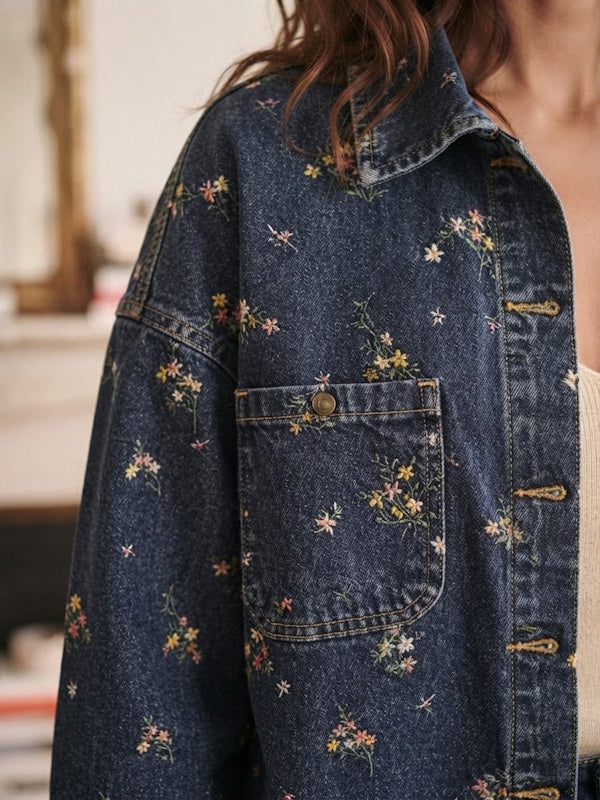 Oversized Denim Jacket Tea Flowers
