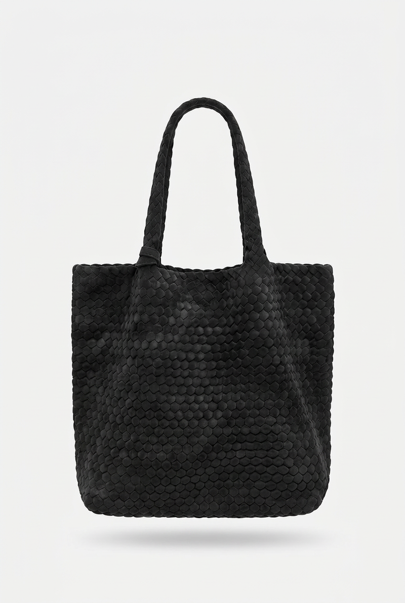 Black woven tote, front view