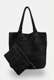 Black woven tote with matching black pouch