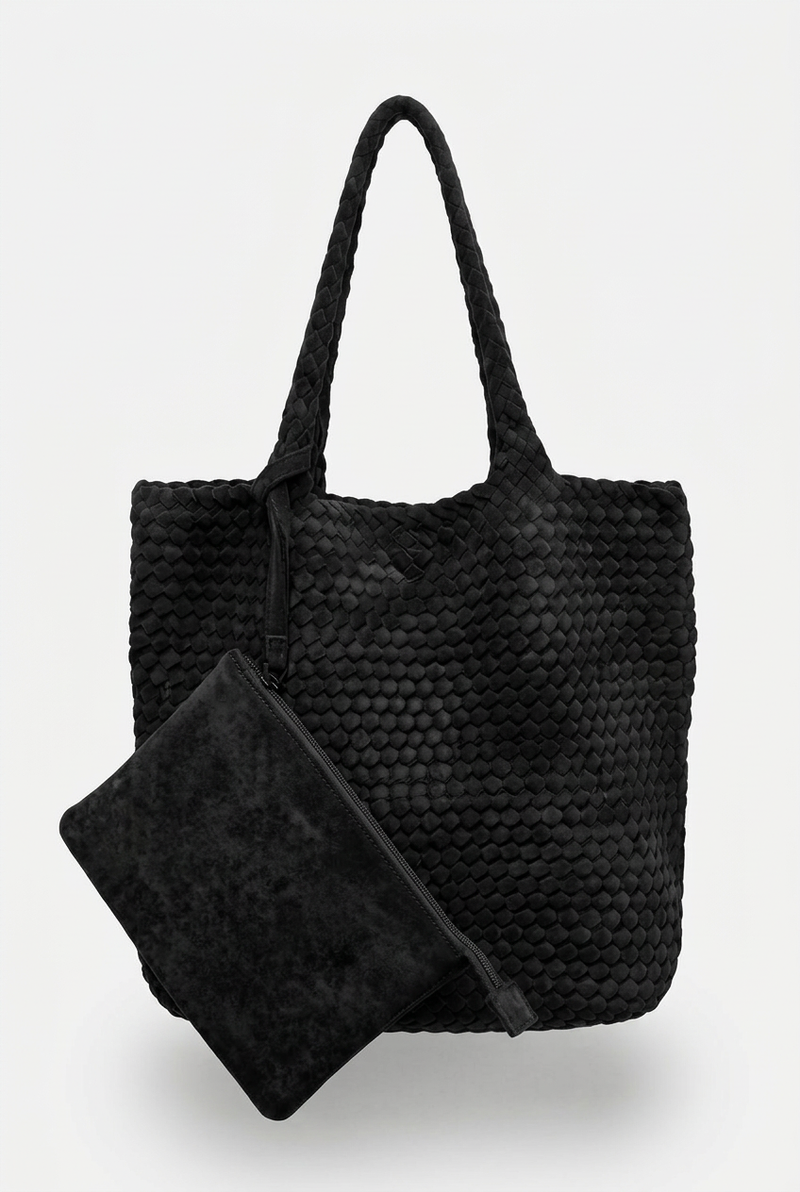 Black woven tote with matching black pouch