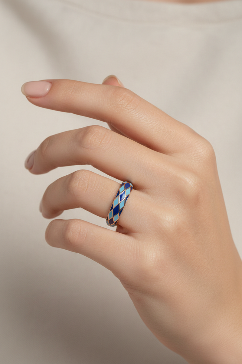 Blue Enamel Ring on Hand Model