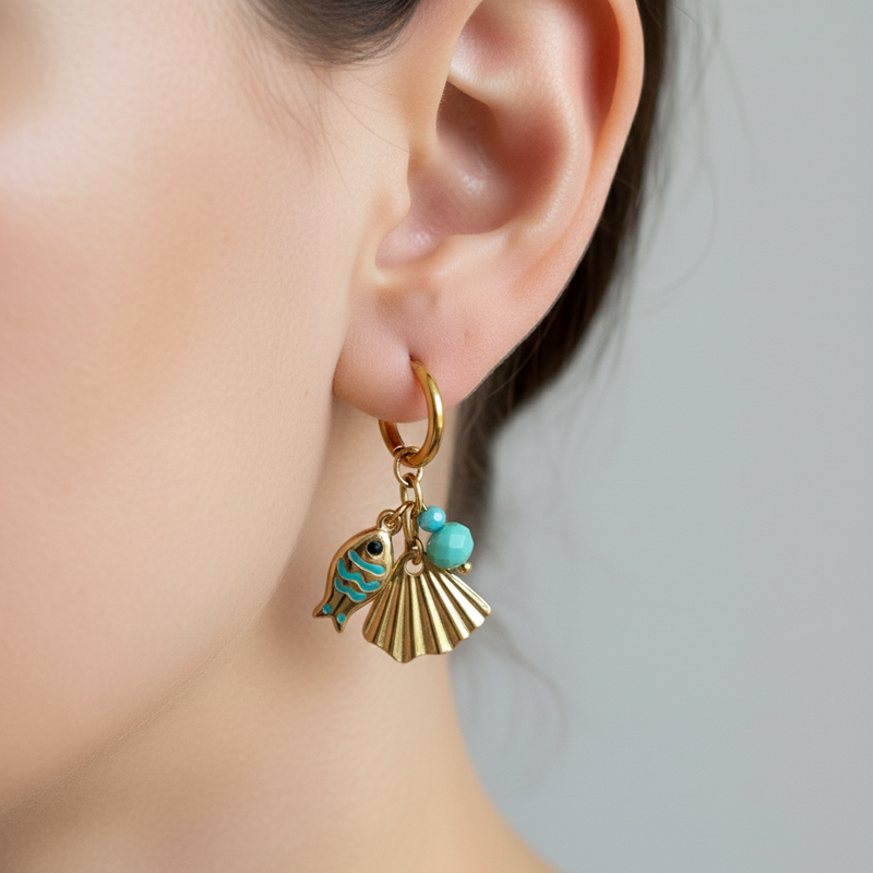 Fish & Shell Charm Earrings On Model