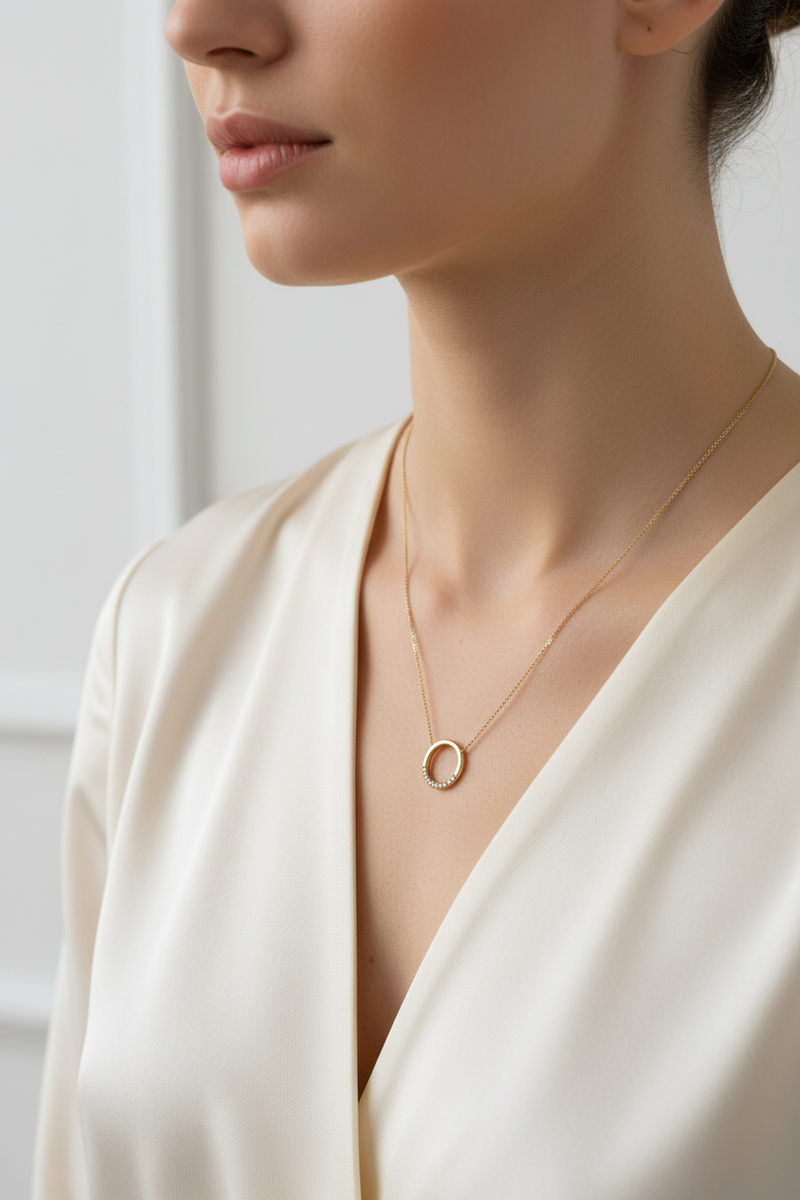 Gold Circle Charm Necklace on Model