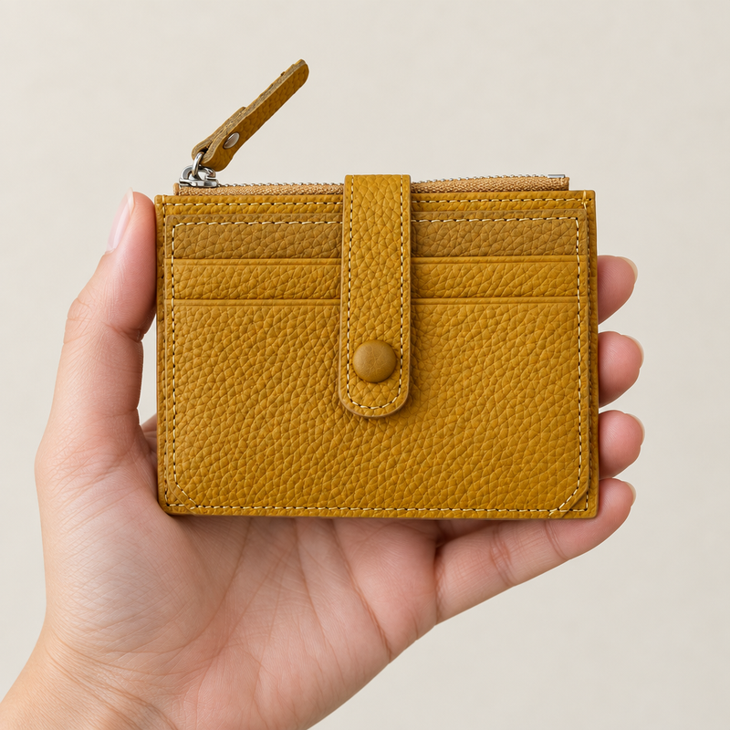 Hand holding the mustard wallet