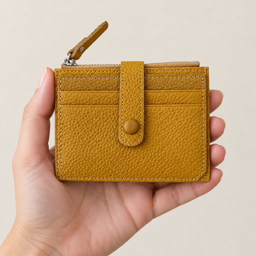 Hand holding the mustard wallet
