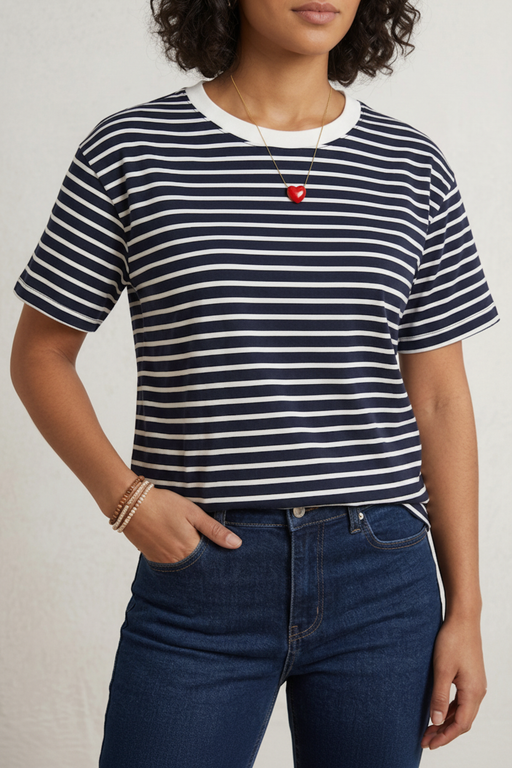 Κολιέ καρδιά φορεμένο με ριγέ outfit