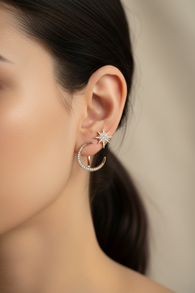 Moon & Star Earrings on ear