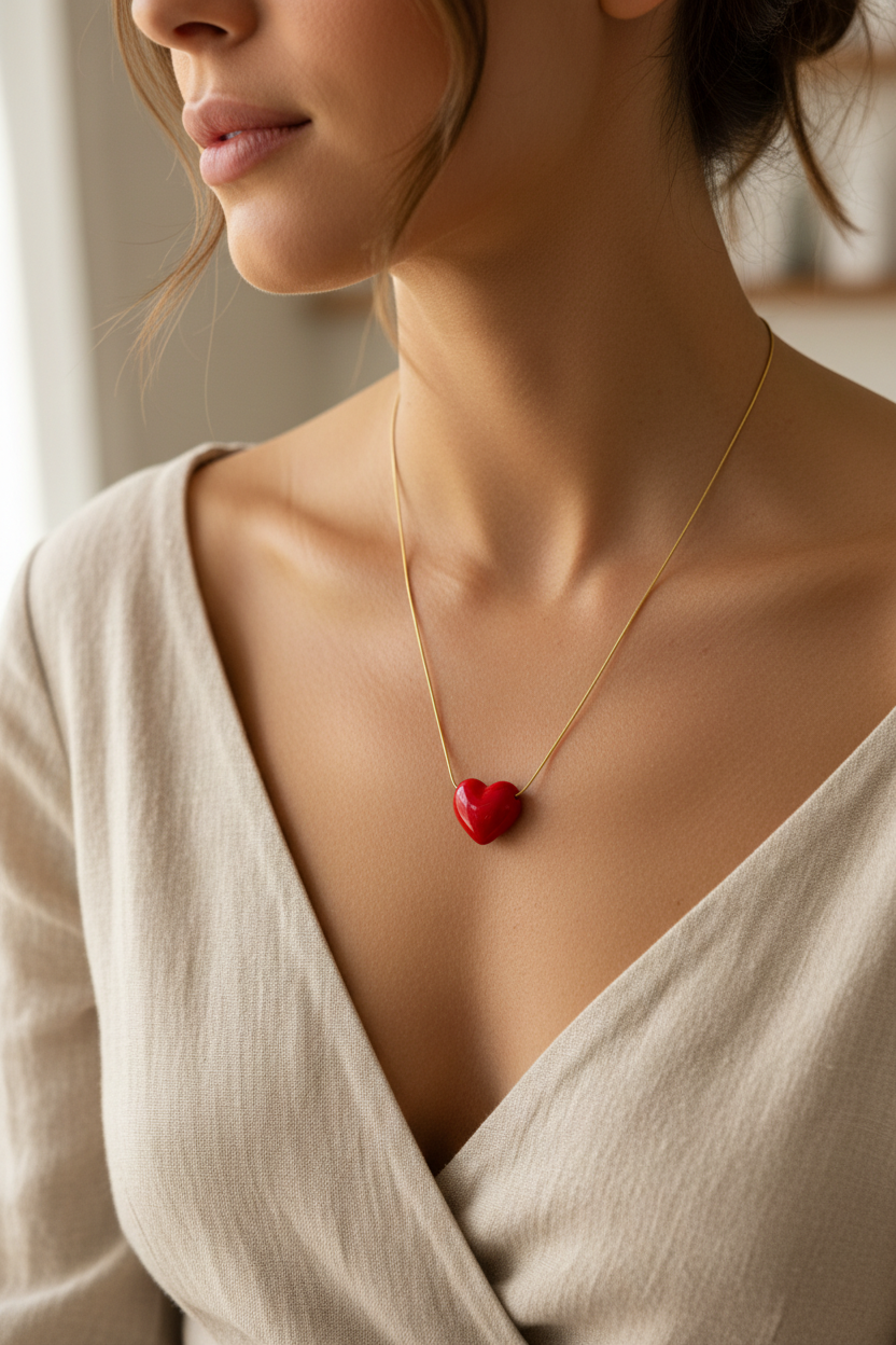 Red Heart Necklace Worn