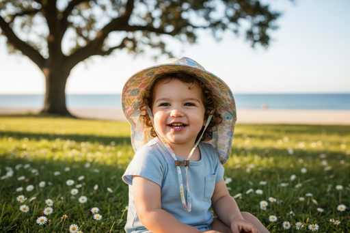 Toddler in Fish Print Sun Hat Outdoors