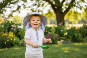 Toddler in Floral Sun Hat Outdoors